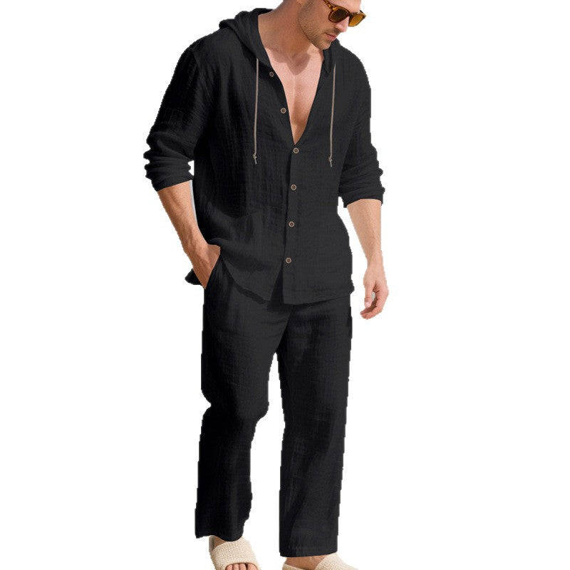 Ensemble Homme Décontracté en Lin – Chemise à Capuche Manches Longues et Pantalon