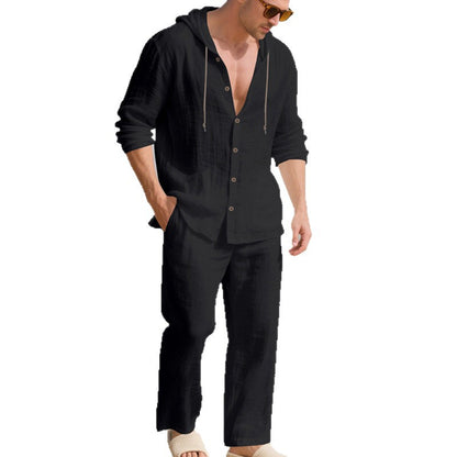 Ensemble Homme Décontracté en Lin – Chemise à Capuche Manches Longues et Pantalon