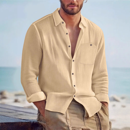 Chemise Homme Décontractée en Lin – Cardigan à Col Revers, Couleur Unie, Coupe Large
