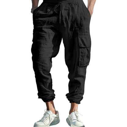 Pantalon Homme Décontracté en Coton-Lin – Multi-Poches avec Cordon de Serrage