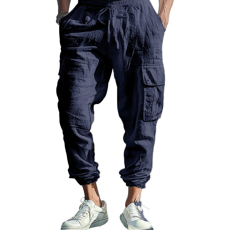 Pantalon Homme Décontracté en Coton-Lin – Multi-Poches avec Cordon de Serrage