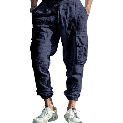 Pantalon Homme Décontracté en Coton-Lin – Multi-Poches avec Cordon de Serrage
