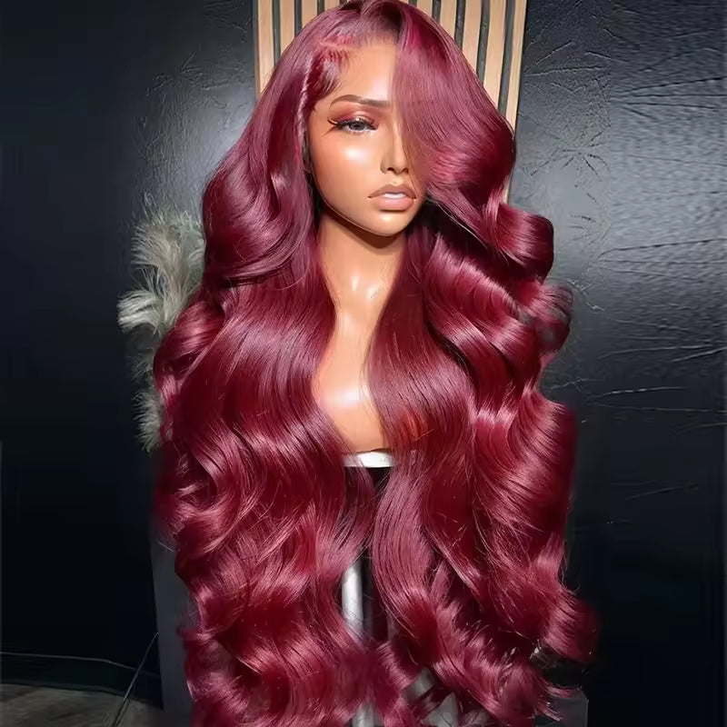 Perruque Lace Front HD Longue Bordeaux,Humains Vietnamiens Lisses 150% Densité