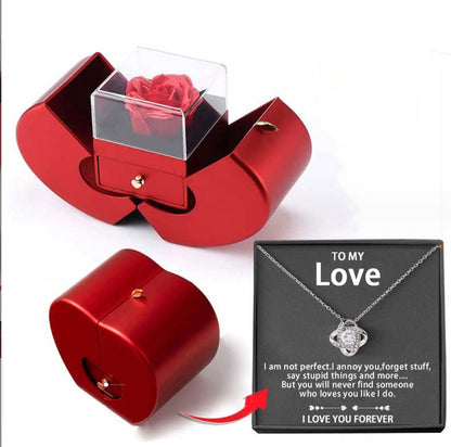Boîte à Bijoux Pomme Rouge – Rose Éternelle et Collier, Cadeau Romantique Inoubliable