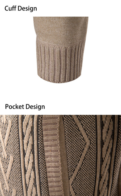 Casual Stand-up Collar Sweater Fashion Jacquard Zip-up Knitted Cardigan Tops Men's Clothing