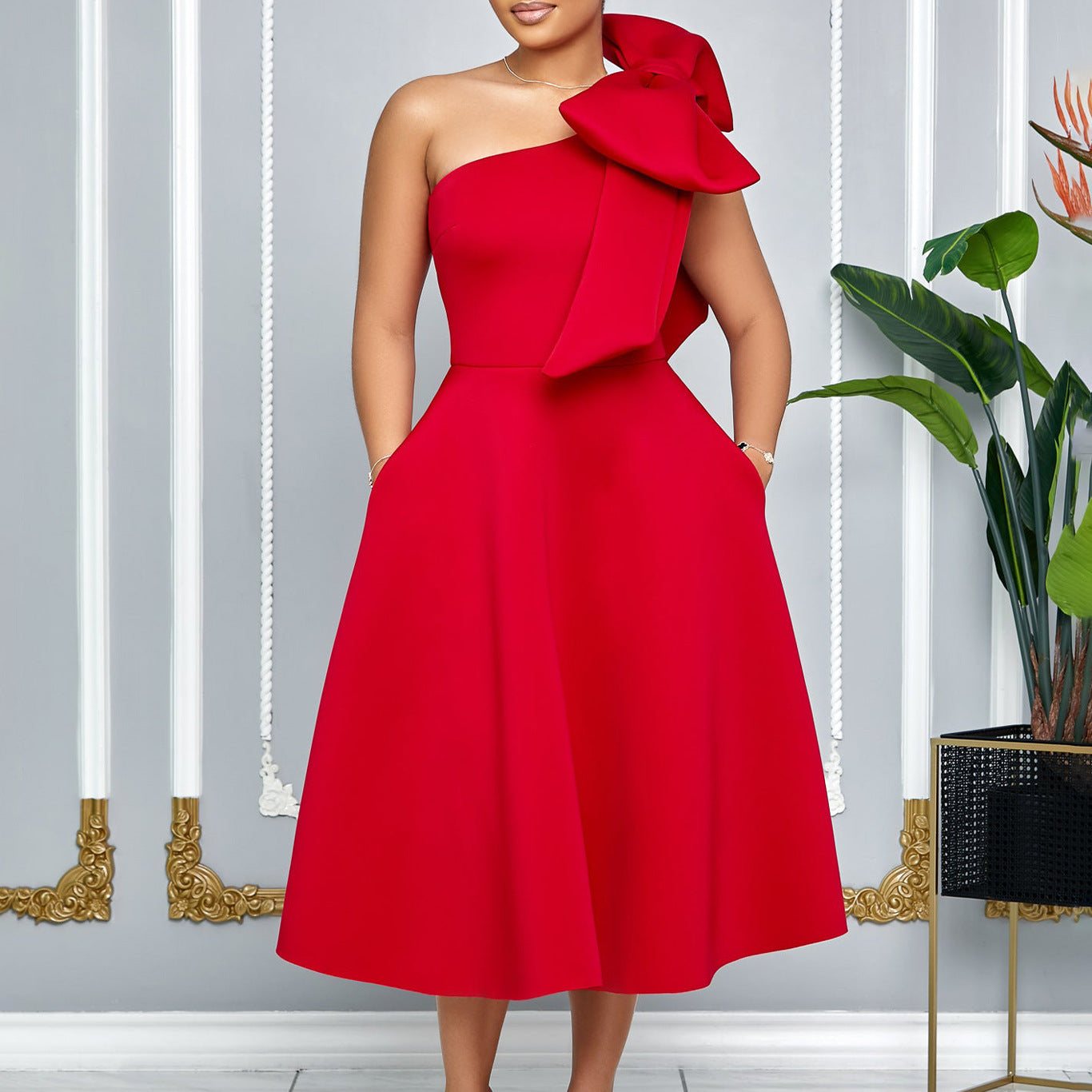 Robe Femme Nouveauté – Épaule Asymétrique avec Nœud.