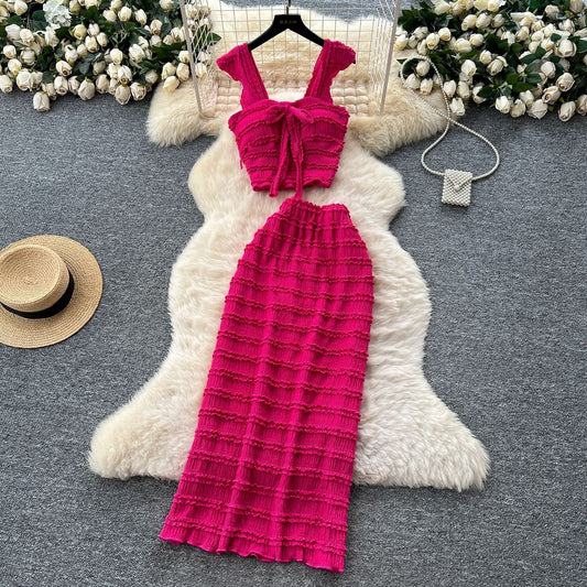 Caraco à Col Carré avec Nœud Papillon et Manches Courtes + Jupe Crayon Taille Haute